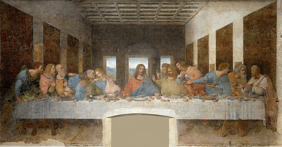 La Cène, peinture de Léonard de Vinci : Jésus est au centre d’une longue table, entouré des apôtres, au moment où il annonce qu’un traître se…