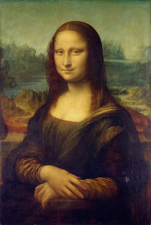 La Joconde, peinture de Léonard de Vinci : Portrait de femme au sourire énigmatique, mains croisées, paysage brumeux en arrière-plan, technique…