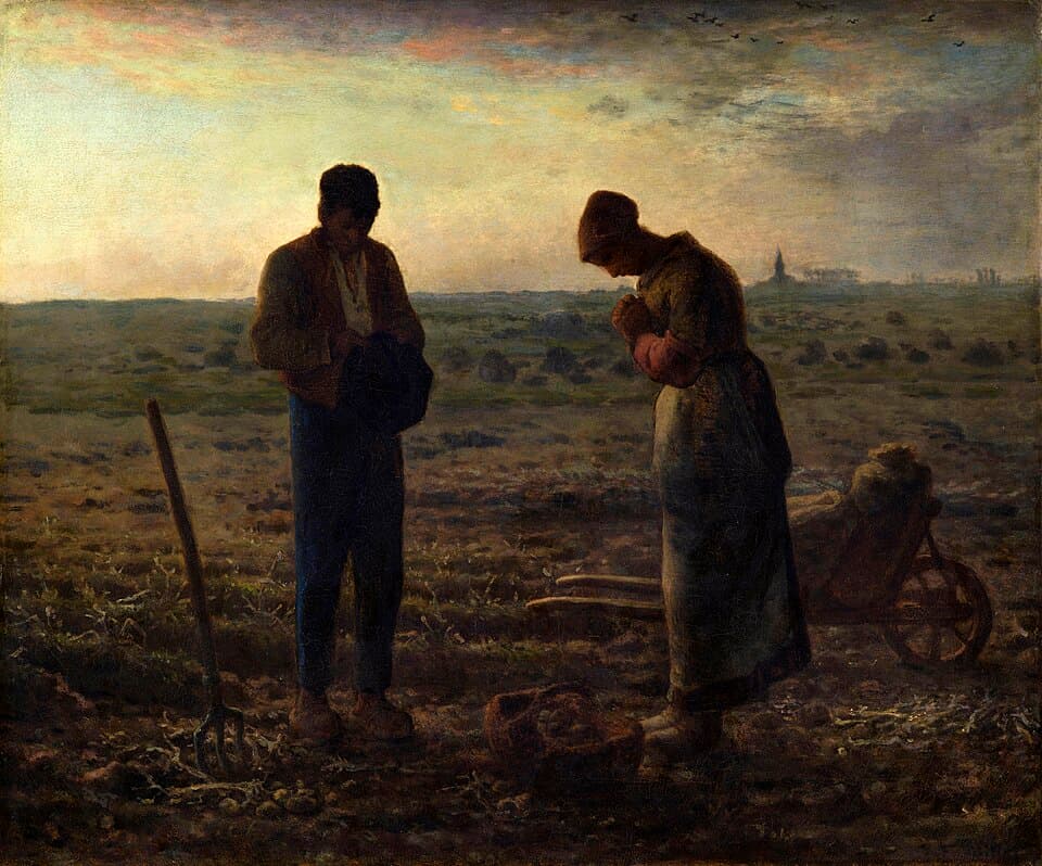 L'Angélus, peinture de Jean-François Millet : Deux paysans interrompent leur travail dans un champ au crépuscule, recueillis pendant la prière