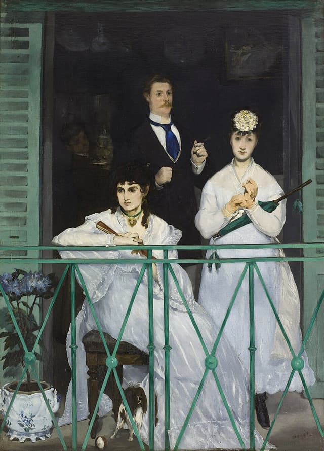 Le Balcon, peinture de Édouard Manet : Trois personnages posent sur un balcon vert, derrière une balustrade, avec une femme assise au premier…