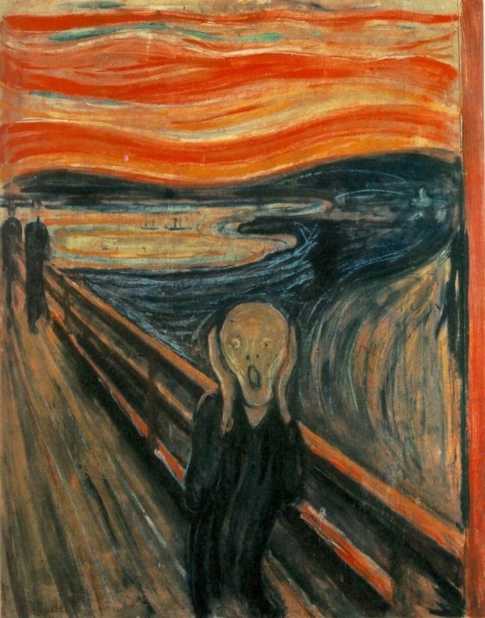 Le Cri, peinture de Edvard Munch : Figure au visage déformé comme un crâne se tenant les joues sur un pont, ciel rouge sang en vagues, deux…