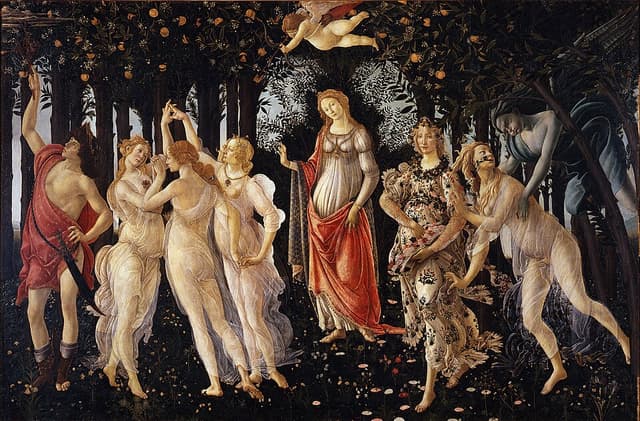 Le Printemps, peinture de Sandro Botticelli : Vénus, les Trois Grâces et une profusion de fleurs peuplent une scène mythologique sur fond sombre