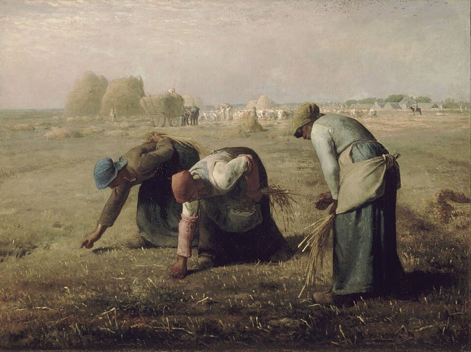 Les Glaneuses, peinture de Jean-François Millet : Trois femmes courbées ramassent des épis dans un champ doré, au premier plan d’une vaste scène…