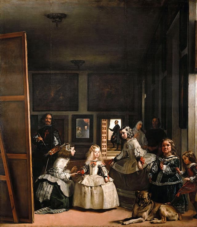 Les Ménines, peinture de Diego Velázquez : Une infante blonde entourée de demoiselles d’honneur, tandis que le peintre apparaît à gauche et un…
