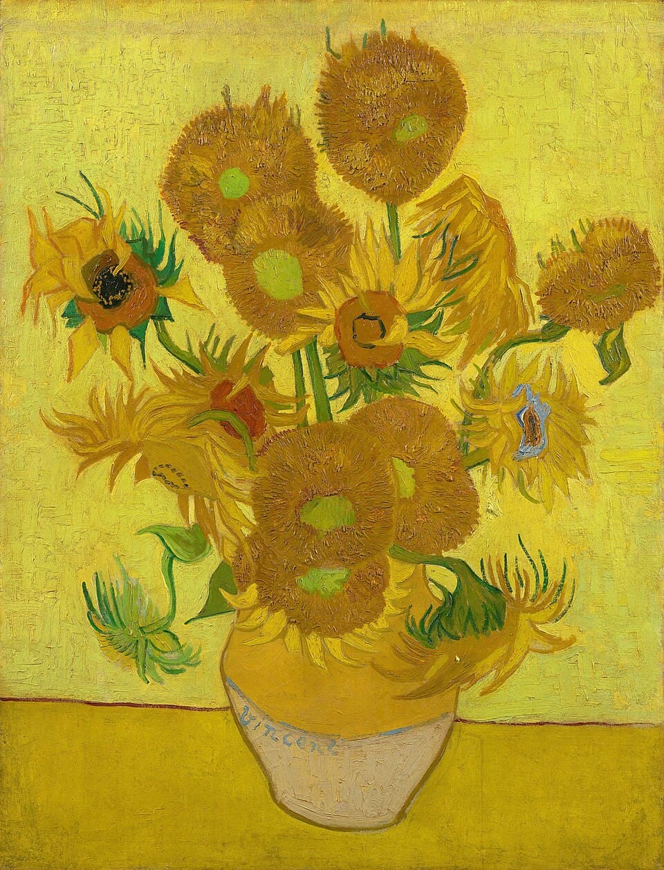 Les Tournesols, peinture de Vincent van Gogh : Bouquet de tournesols jaunes aux formes variées, posé dans un vase sur un fond jaune lumineux