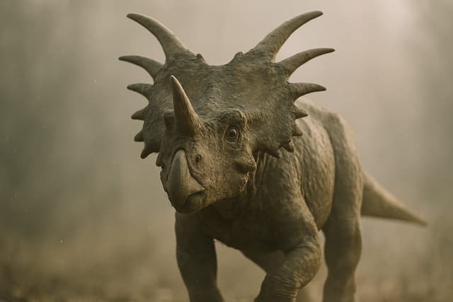 Styracosaure : Crâne massif à grand volant osseux et nombreuses longues cornes